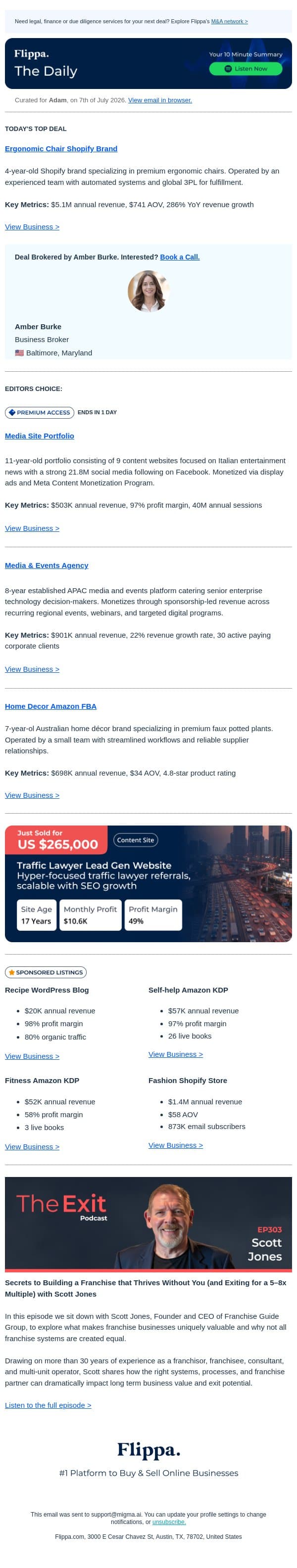 $5.1M Ergonomic Chair Brand + 40M Sessions Media Portfolio + The Exit email from Flippa screenshot