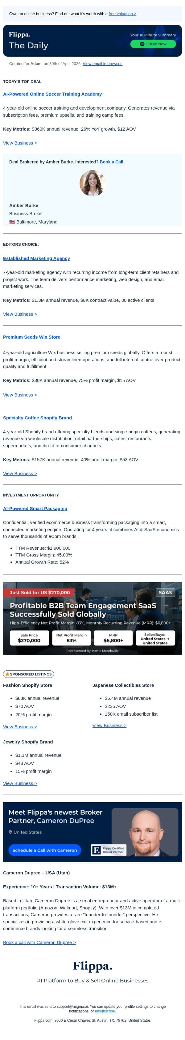26% Growth Soccer Academy + $1.3M Agency + 75% Margin Seed Store email from Flippa screenshot