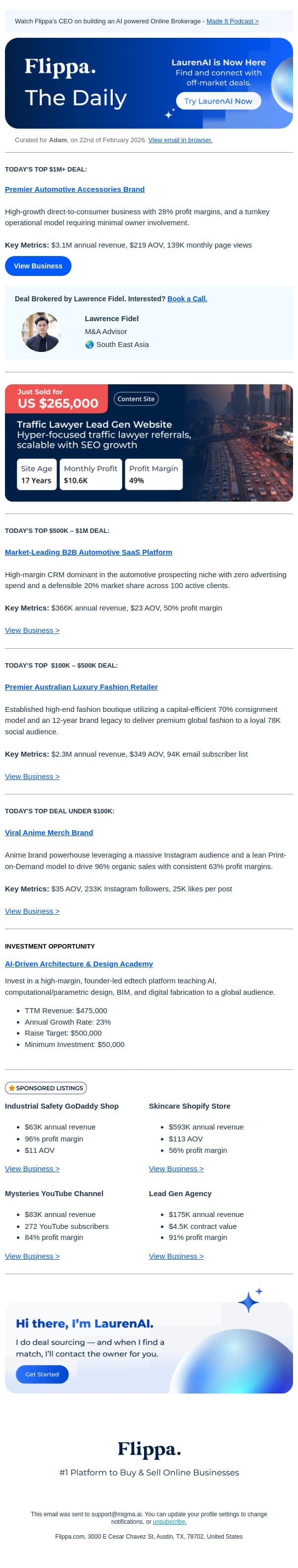 $3.1M Annual Rev Automotive Shopify Store + More email from Flippa screenshot