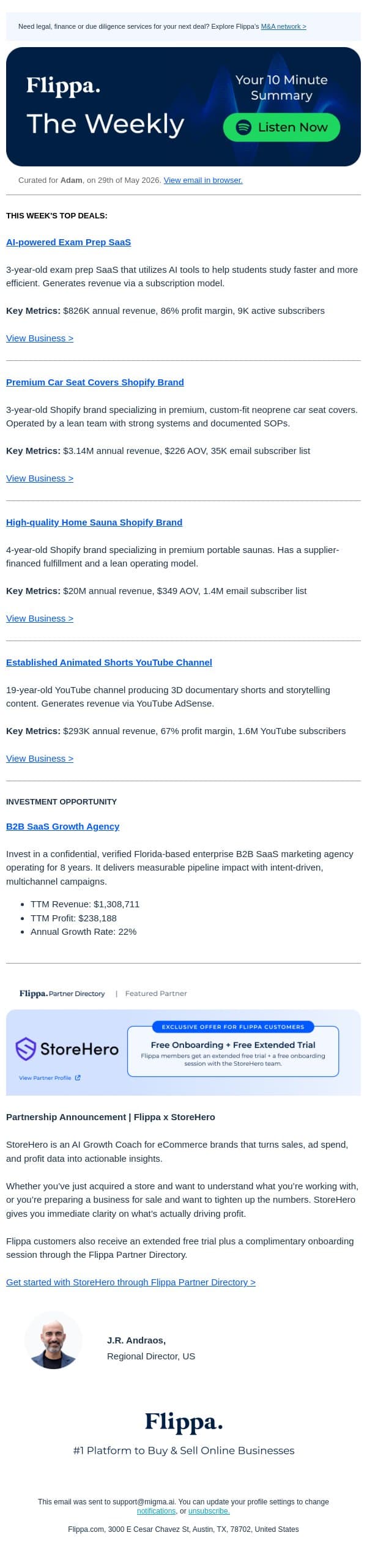 $20M Sauna Brand + 86% Margin Exam Prep SaaS + 19-Yr Shorts Channel email from Flippa screenshot