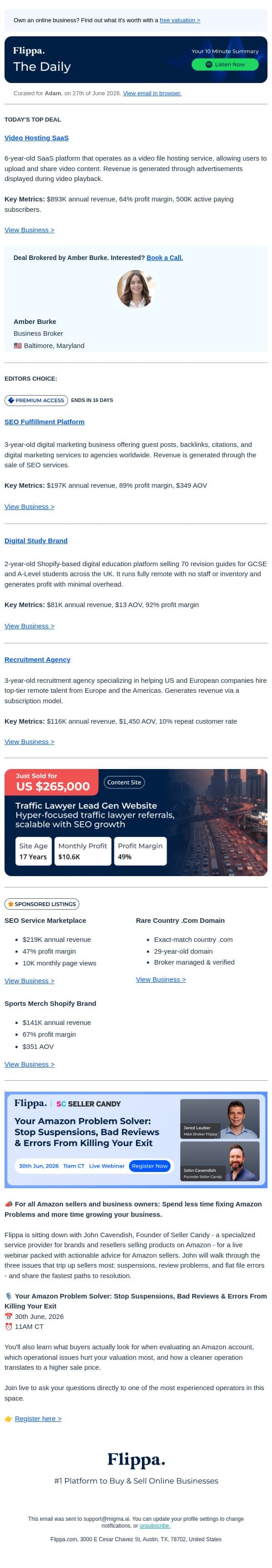 $893K Video Hosting SaaS + 89% Margin SEO Platform + Recruitment Agency with a 10% repeat customer rate email from Flippa screenshot