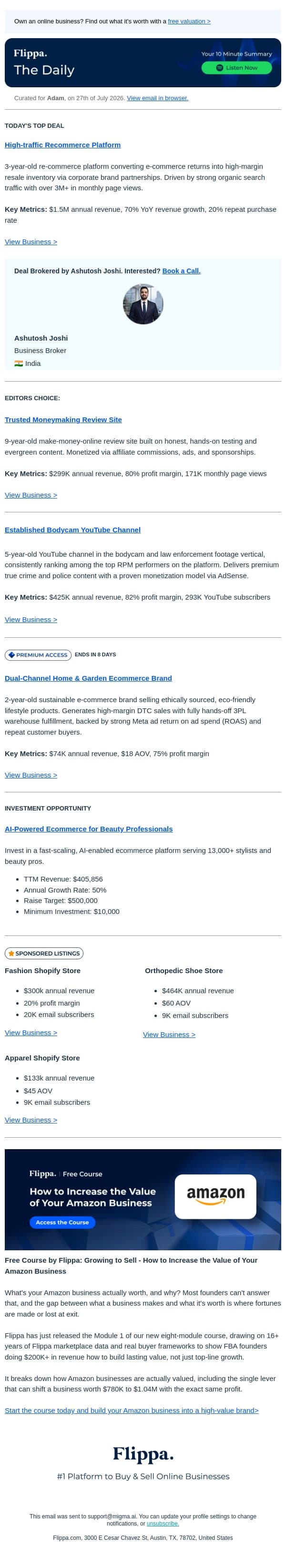 $1.5M Annual Revenue Recommerce Platform + More email from Flippa screenshot