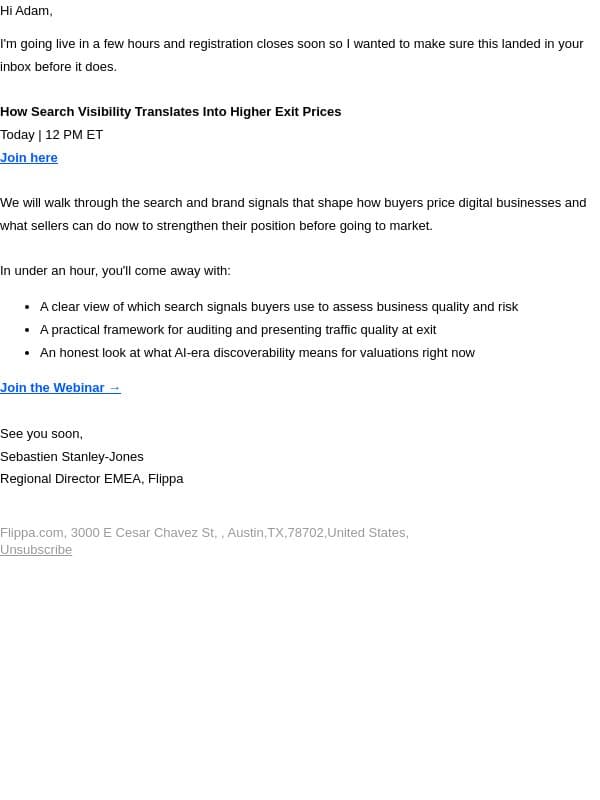 Today at 12 PM ET - Live Webinar: Search Visibility and Exit Valuations, email from Flippa screenshot