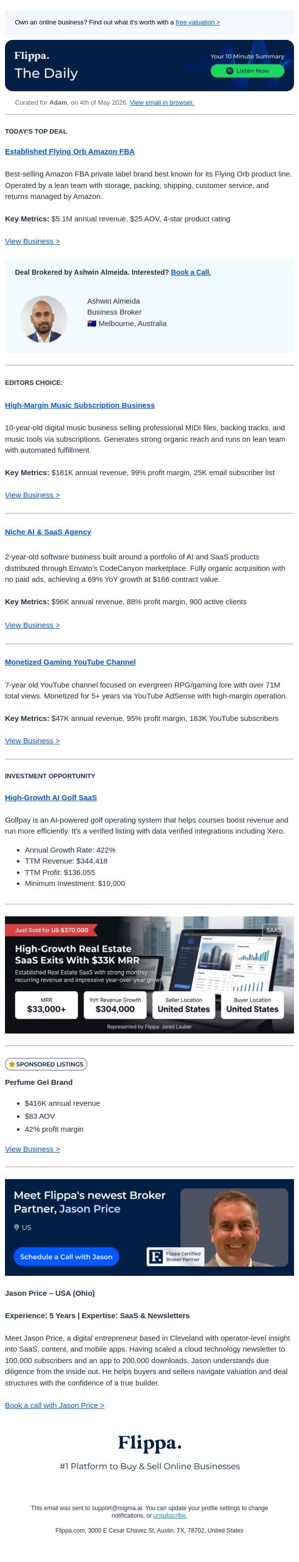 $5.1M Flying Orb Brand + 99% Profit Margin Music Sub Biz + 69% Growth AI & SaaS Agency email from Flippa screenshot