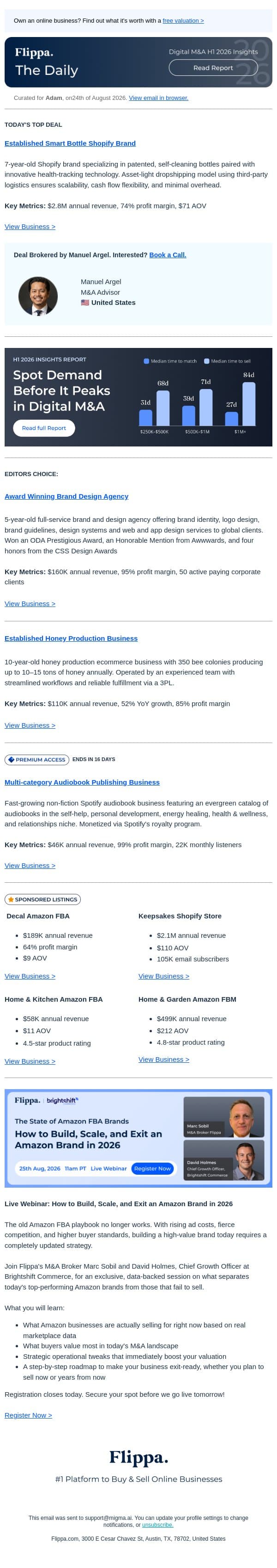 Award-winning Design Agency + $2.8M Annual Rev Smart Bottle Brand + 85% Margin Honey Production Biz email from Flippa screenshot