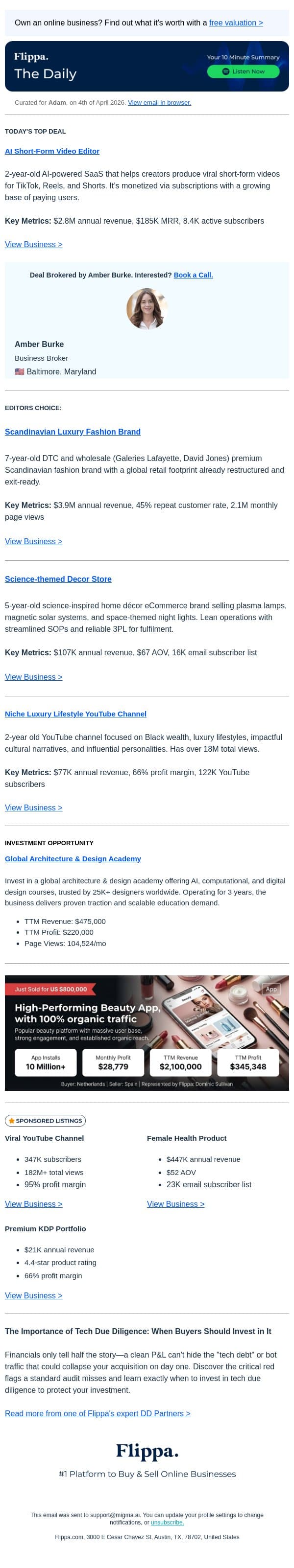 $185K MRR | AI Short-Form Video Editor email from Flippa screenshot