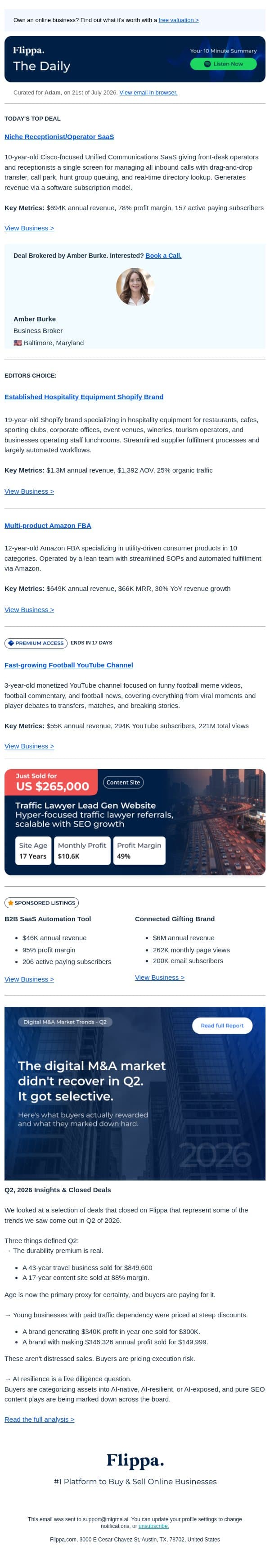 $1.3M Hospitality Brand + 78% Margin Receptionist SaaS + 221M Views Football YT Channel email from Flippa screenshot