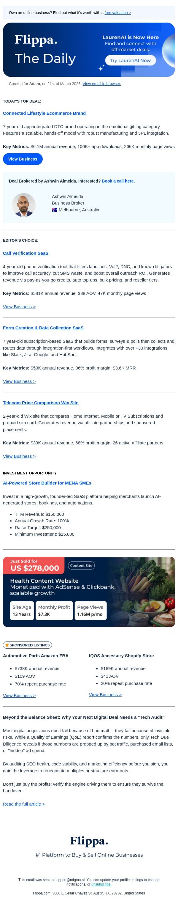 100K+ App Downloads - DTC Gifting Brand email from Flippa screenshot