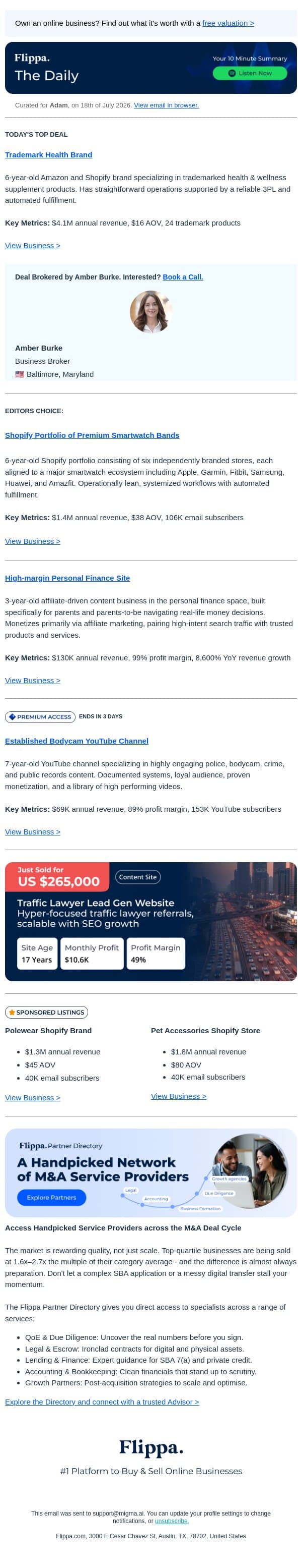 $4.1M Health Brand + 99% Margin Finance Site + 7-Yr Bodycam Channel email from Flippa screenshot