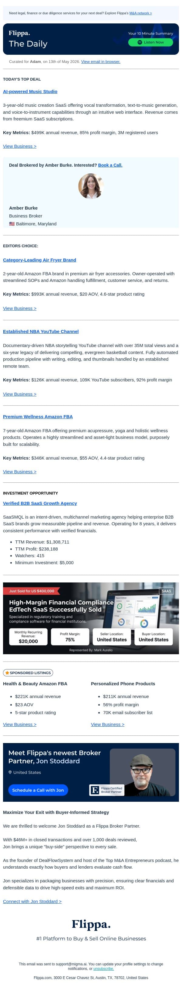 35M Views NBA YT Channel + 3M User Music Studio + $993K AirFryer Brand email from Flippa screenshot