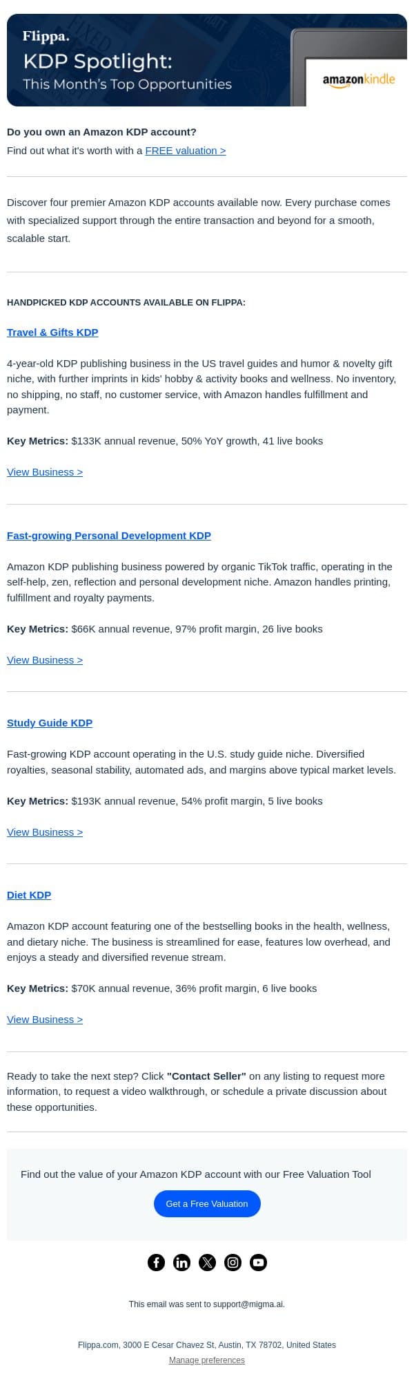 $133K Annual Rev Travel & Gift KDP + 97% Margin Personal Development KDP + Bestselling Diet KDP email from Flippa screenshot