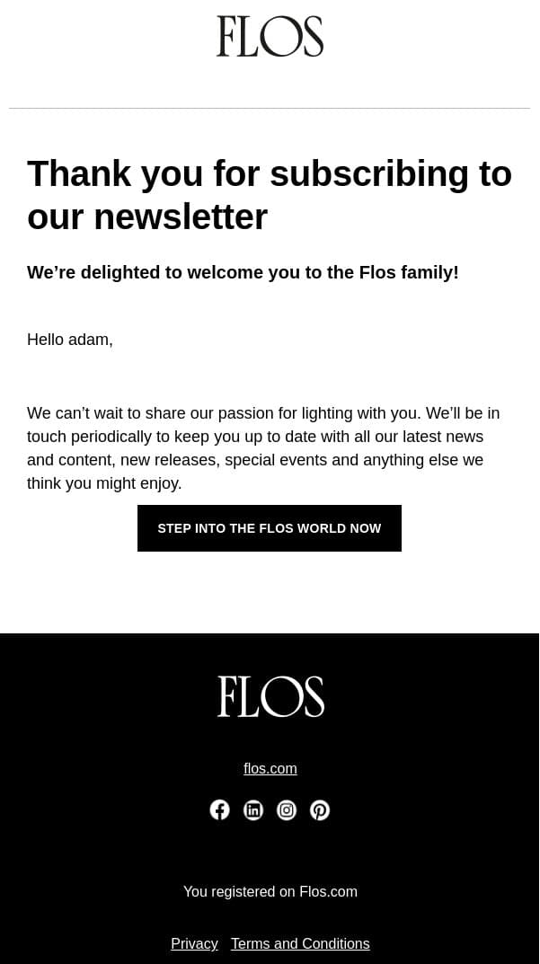 Thank you for subscribing to our newsletter email from Flos screenshot