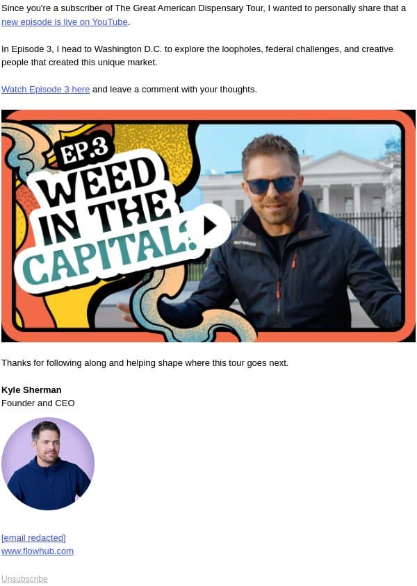 π New Episode! The Great American Dispensary Tour in D.C. email from Flowhub screenshot