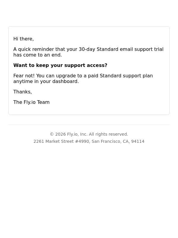 Your Fly.io Standard email support plan has expired email from Fly.io screenshot