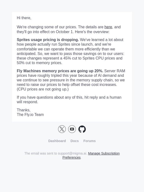 Pricing Updates email from Fly.io screenshot