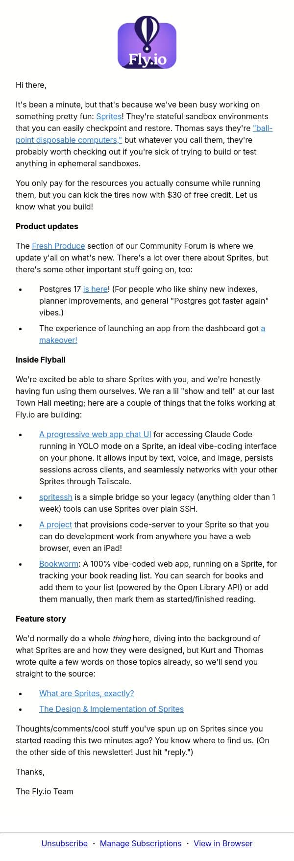 Fly.io January '26 Newsletter email from Fly.io screenshot