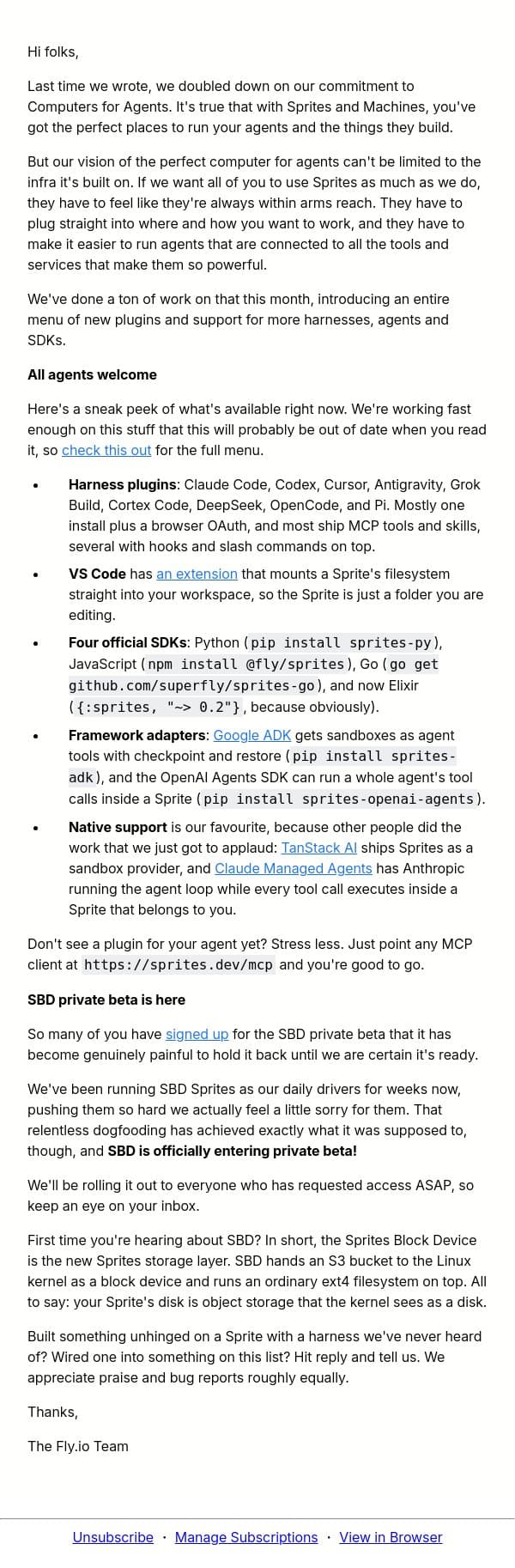 Fly.io Newsletter: All agents welcome, and SBD enters private beta! email from Fly.io screenshot