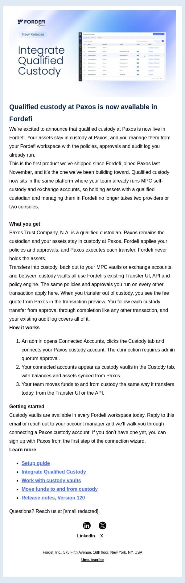 🔐 Fordefi Product Update | Qualified custody at Paxos is now available in Fordefi email from Fordefi screenshot