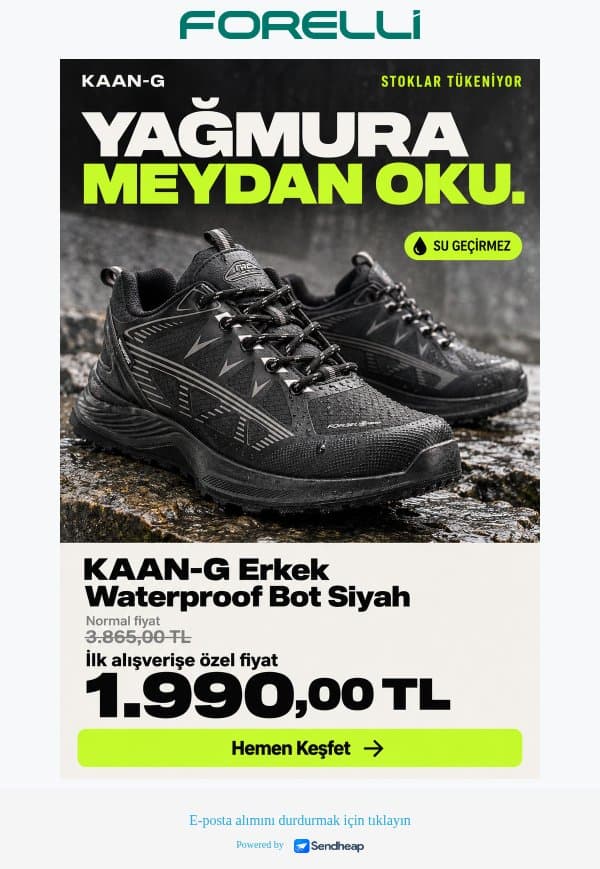 Stoklar tükeniyor: KAAN Waterproof Bot 1.990 TL’ye keşfet | FORELLİ email from Forelli screenshot