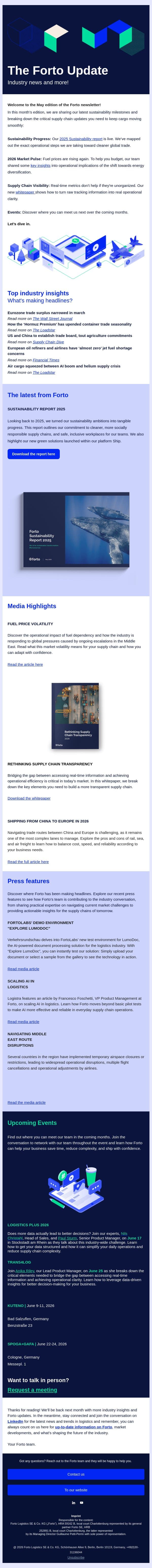 Fuel prices, CN-EU Trade routes - Forto Newsletter email from Forto screenshot
