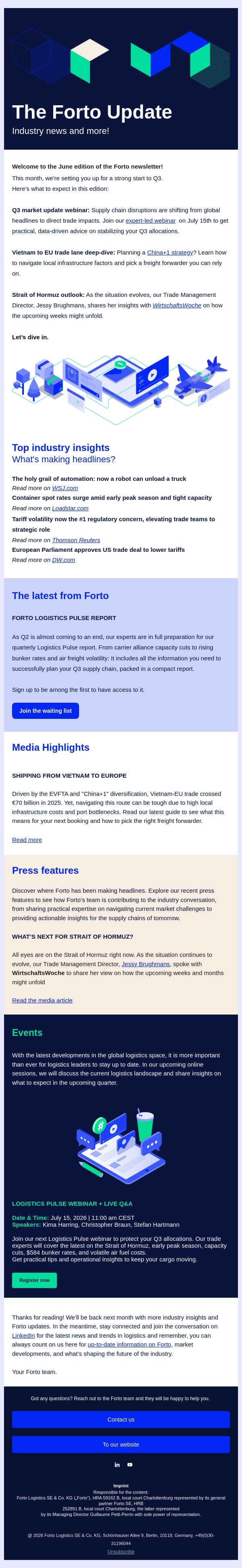 Early peak season, capacity cuts, and China+1 deep-dive - Forto Newsletter email from Forto screenshot