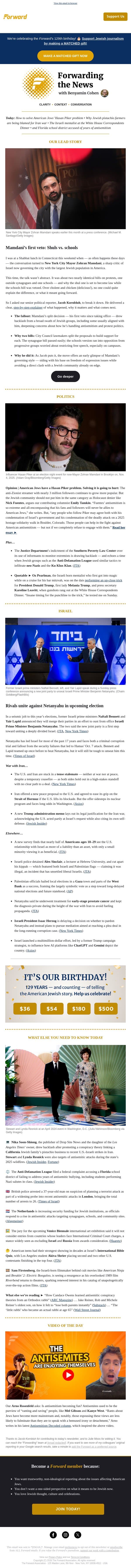What Mamdani’s first veto says to Jews email from Forward screenshot
