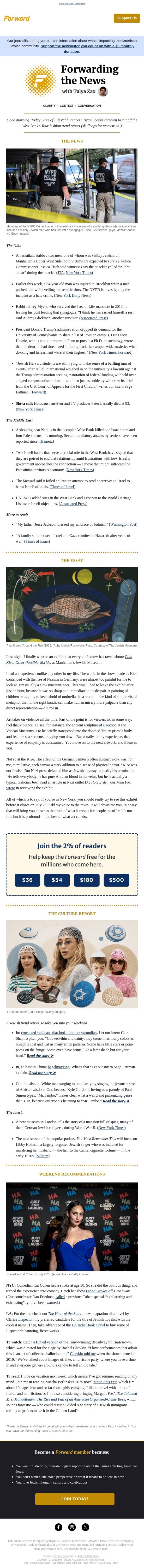 Attacks on Jews in Manhattan, Brooklyn + An artist who captured the devastation of the Nazi rise email from Forward screenshot