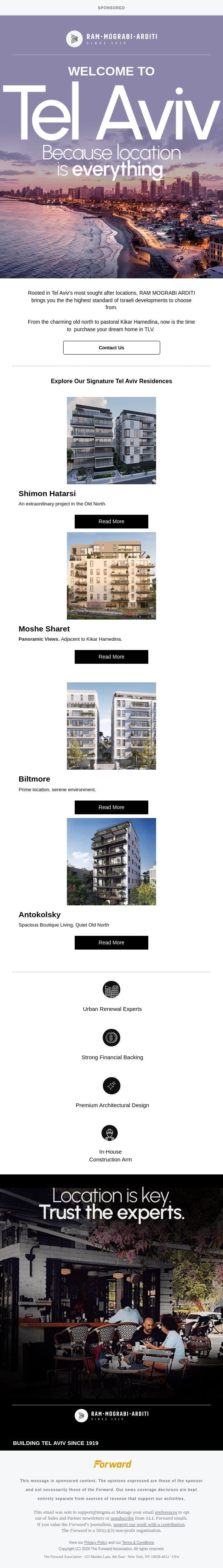[Sponsored] Location is everything. Make your dream of a home in Tel Aviv a reality. [Sponsored by RAM MOGRABI ARDITI] email from Forward screenshot