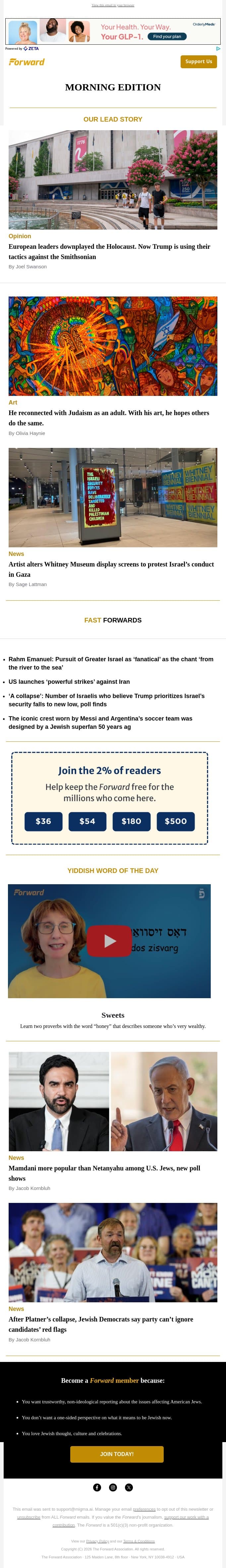Beware of Trump’s Smithsonian attacks (Opinion) • A furor about Gaza at the Whitney • Art to help us reconnect with Judaism email from Forward screenshot