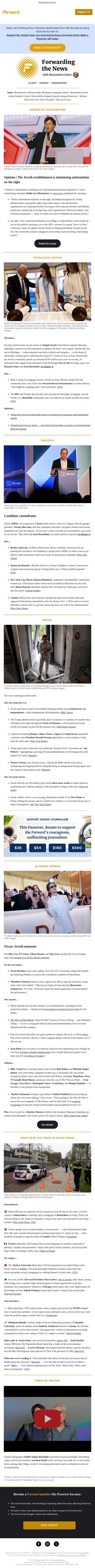 Opinion: Antisemitism watchdogs are ‘committing institutional malpractice’ • Oscar’s Jewish moments email from Forward screenshot