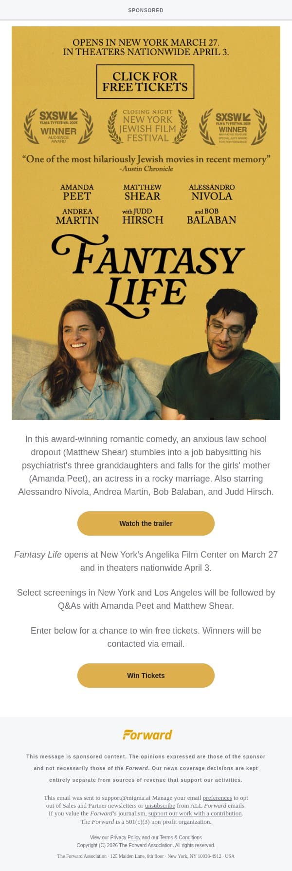[Sponsored] Free tickets to the “most hilariously Jewish movie in recent memory” + Q&As with Amanda Peet email from Forward screenshot