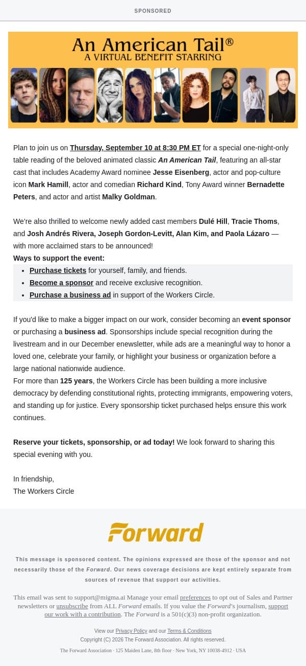 [Sponsored] An American Tail — A Night of Stars and Song: More Cast Announcements [Sponsored by The Workers Circle] email from Forward screenshot