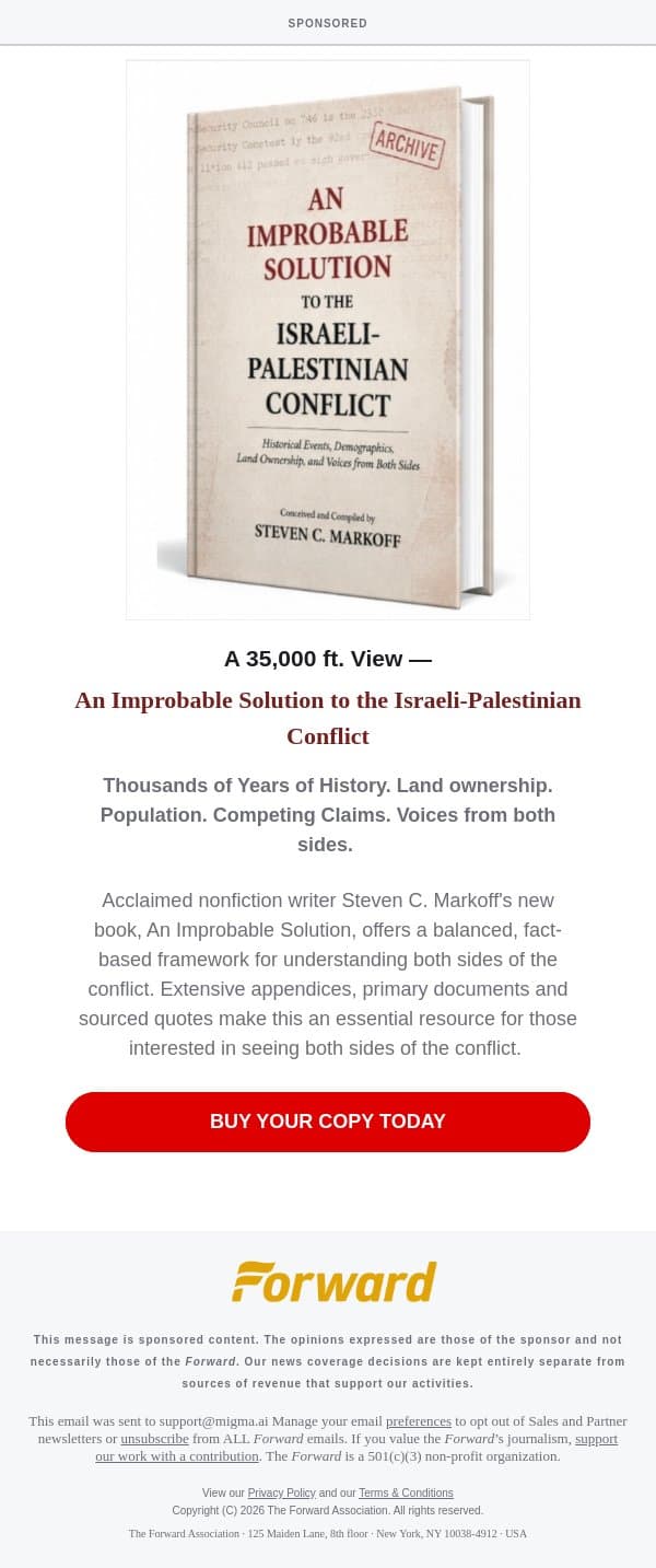 [Sponsored] Buy the new book: An Improbable Solution to the Israeli-Palestinian Conflict email from Forward screenshot