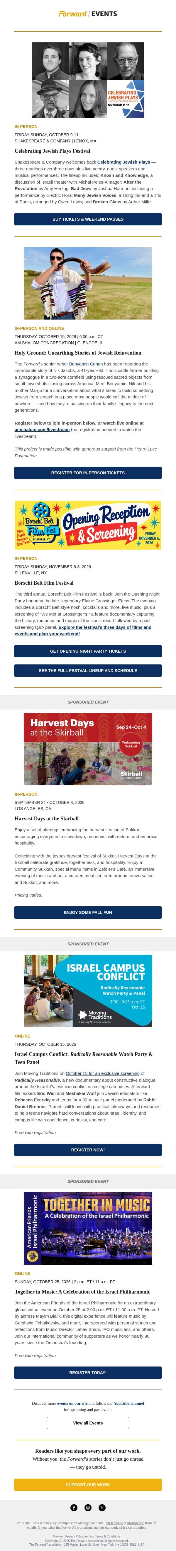 Stories of Jewish Reinvention, Celebrating Jewish Plays & more events email from Forward screenshot