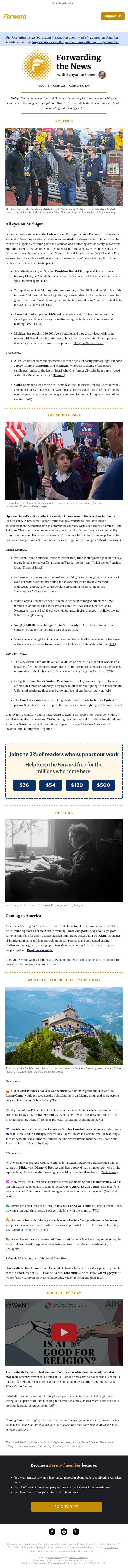 Trump: Michigan Jews who support El-Sayed ‘should be ashamed of themselves’ email from Forward screenshot
