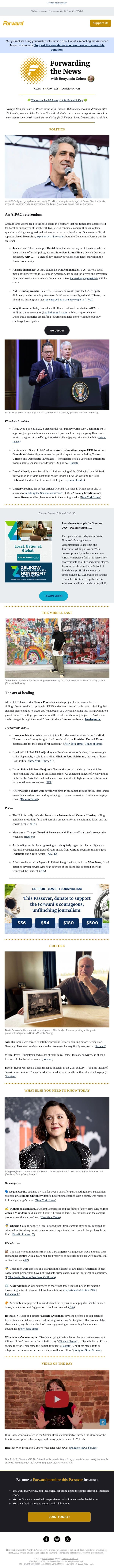 It’s election day in Illinois. Israel is on the ballot. email from Forward screenshot
