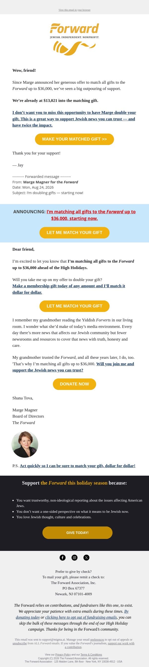 Your gift 2x email from Forward screenshot