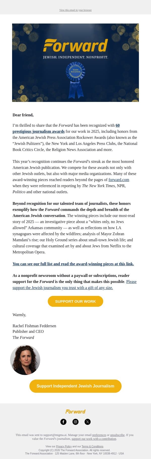 🏆 The Forward wins 60 awards! email from Forward screenshot