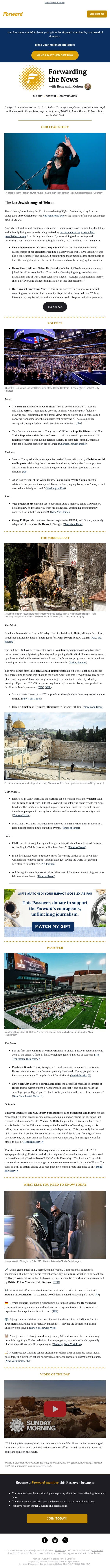 Two women race to save Persian Jewish music • Trump: “Open the f***in’ Strait” email from Forward screenshot