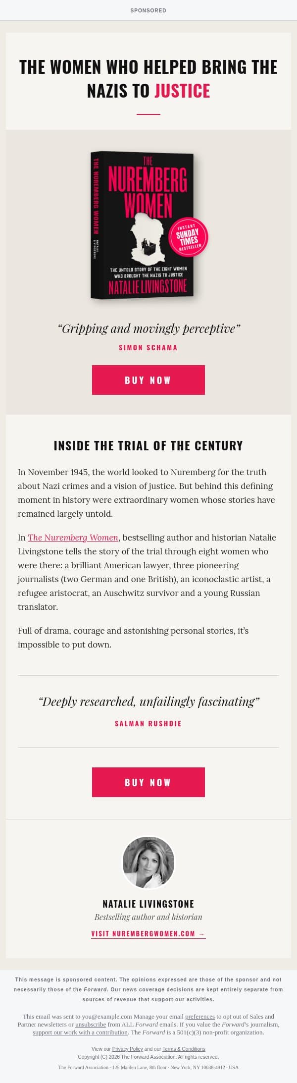 [Sponsored] The Nuremberg Women: Inside the Trial of the Century [Sponsored by St. Martin's Press] email from Forward screenshot