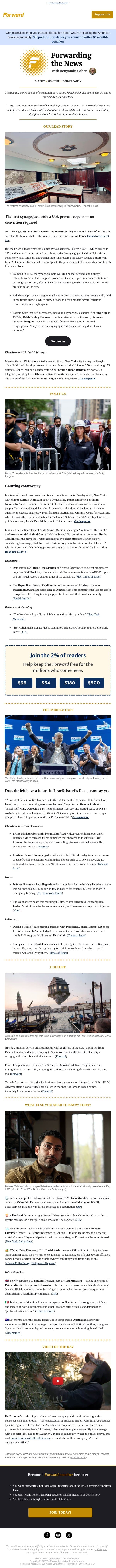 Steps from Al Capone’s cell, first prison synagogue reopens • Mamdani calls Netanyahu ‘war criminal’ email from Forward screenshot