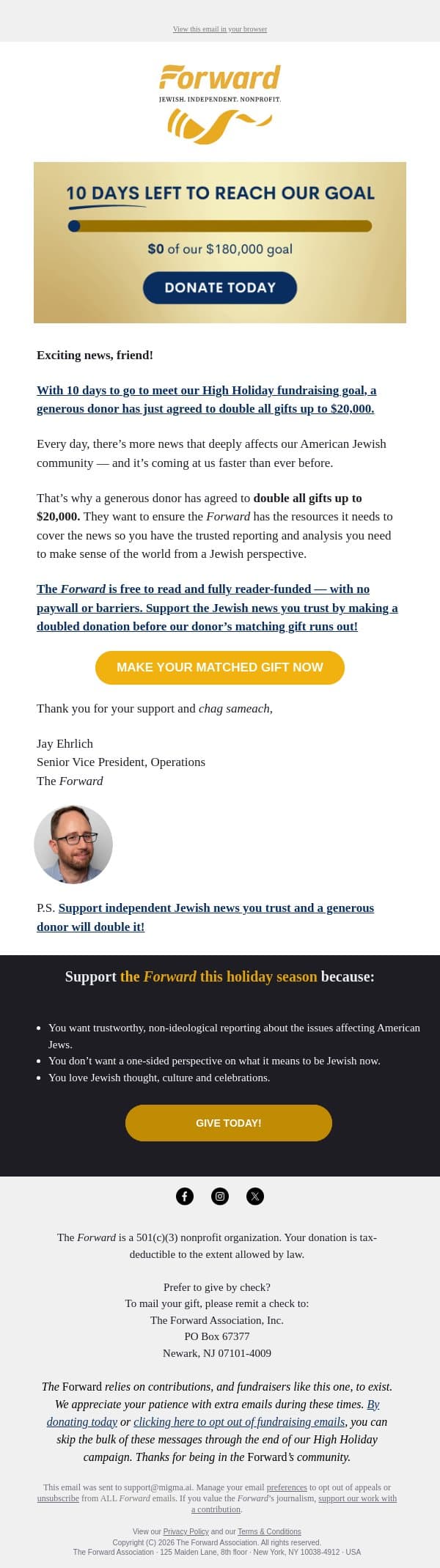 Big news: Your gift will now be doubled! email from Forward screenshot