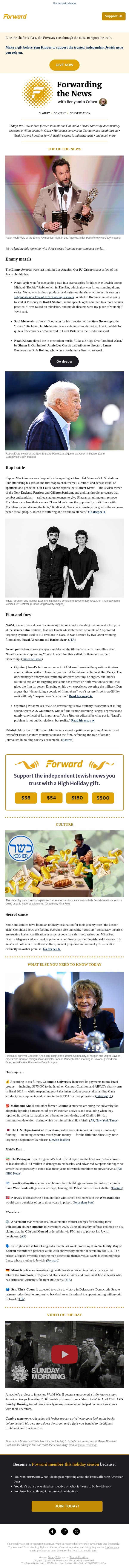 Emmy Awards' shul shoutout • The Jewish billionaire behind Macklemore fallout email from Forward screenshot