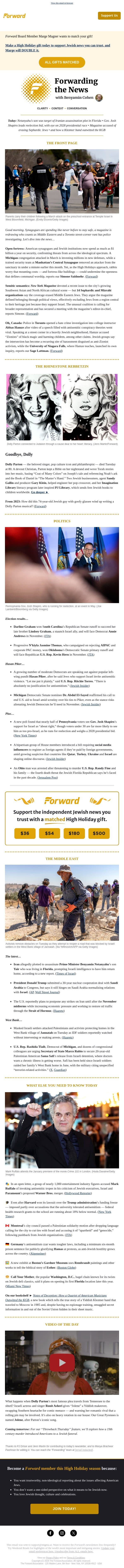 Security costs soar at shuls ahead of High Holidays • Dolly Parton, our rhinestone rebbetzin email from Forward screenshot