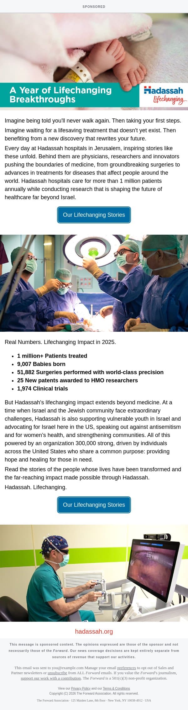 [Sponsored] A Year of Lifechanging Breakthroughs [Sponsored by Hadassah] email from Forward screenshot