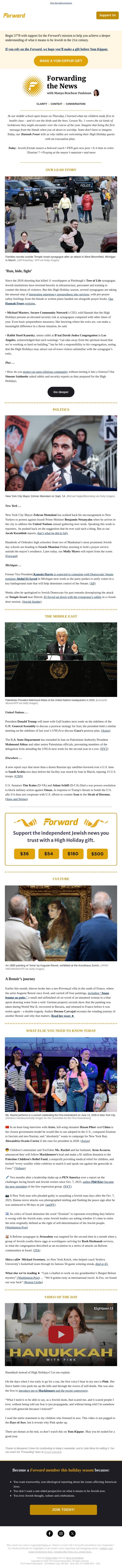 A High Holidays safety warning • High school students pray at Mamdani's home • Ms. Rachel's $1 million donation email from Forward screenshot