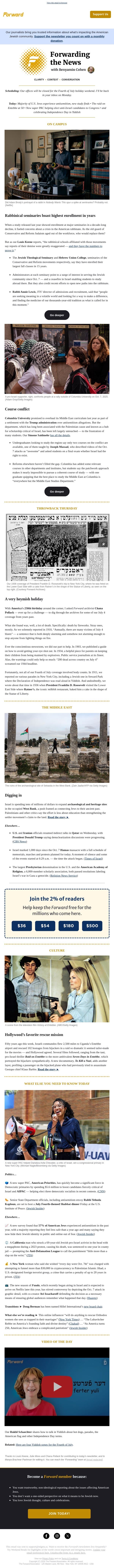 Enrollment spikes at rabbinical seminaries • Columbia University vs. Trump email from Forward screenshot