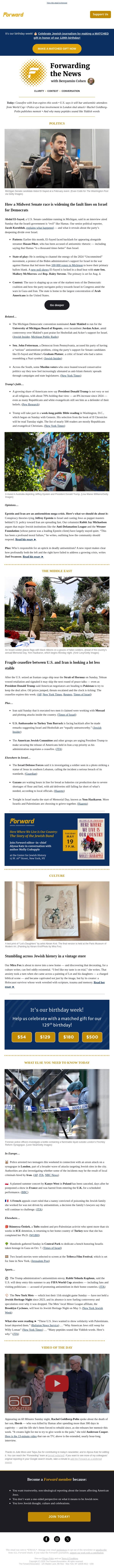Senate contender calls Israeli government ‘evil’ like Hamas • Trump to take part in marathon Bible reading email from Forward screenshot
