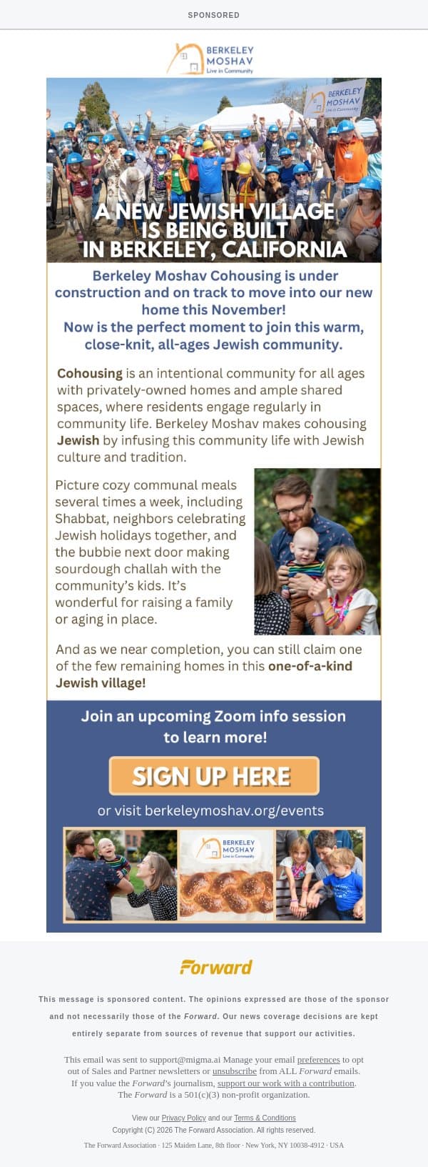 [Sponsored] Join a Jewish Village for All Ages in Berkeley [Sponsored by Berkeley Moshav] email from Forward screenshot