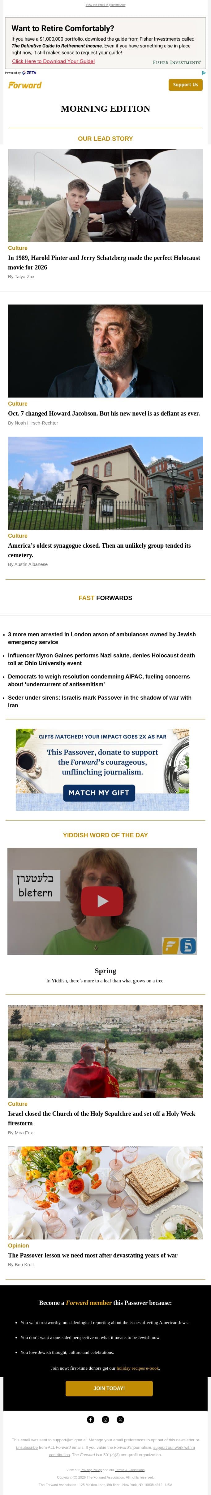The perfect Holocaust film for our times • An anguished howl from the ‘British Philip Roth’ • A Jewish burial ground that has survived the centuries email from Forward screenshot